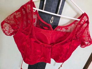 Red Embroidered Net Blouse