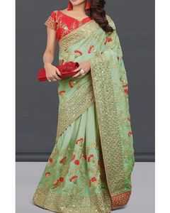 Embroidered olive Green Saree With Stitched Blouse