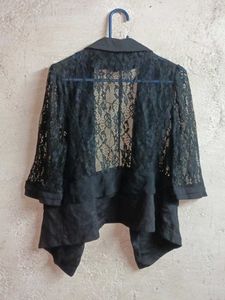 Trendy Black Lace Sleeve Blazer Top Sheer