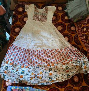 White Anarkali Gown with Floral Print