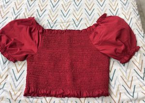 Red Smocked Puff Sleeve Top