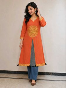 Orange Kurta with Floral Embroidery