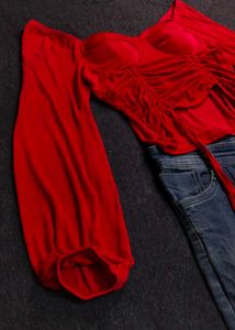 Red Ruched Off-Shoulder Top