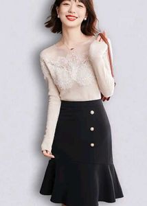 Elegant Lace Trim Sheer Long Sleeve Top