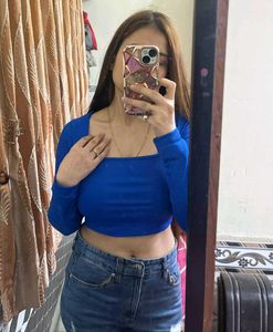 Blue Square Neck Long Sleeves Slim Fit Crop Tee
