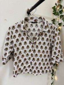 White Printed Cropped Kurta Top