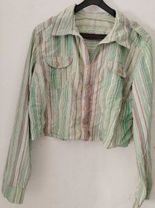 Striped Cropped Button-Up Shirt