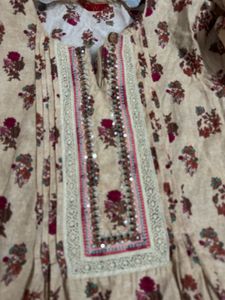 W- Beige Floral Print Kurta with Embellishment