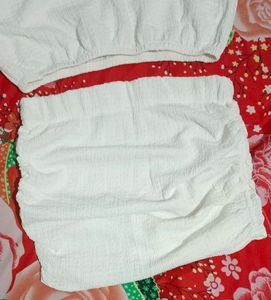 White Textured Crop Top and Ruched Skirt Set