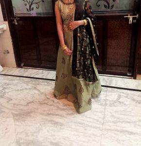 Pista And Navy Full Work Gown With Heavy Duppatta