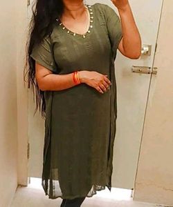 Olive Green Kaftan with Embellished Neckline
