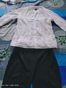 Chic White Embroidered shirt &amp; Black Pants Set