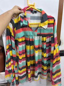 Vibrant Striped Bell Sleeve Net Blouse