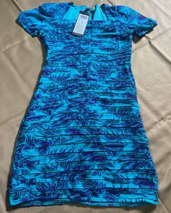 Blue Tropical Print Short Sleeve Dress