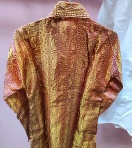Men's Golden Sherwani - With White Pyjama &amp; Red Textured Dupatta