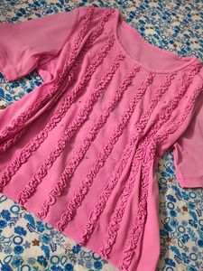 Pink Kurta with Ruffle & Rhinestone Detail