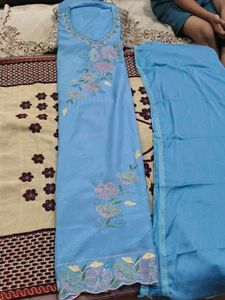 Sky Blue Embroidered organza silk suit