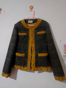 Stylish Tweed Jacket with Mustard Trim