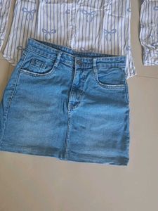 Denim Skirt and Bow Print Shirt Set