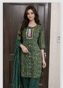Green Printed Ethnic Kurti salwar dupatta
