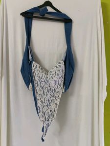 Denim Shoulder Bag with Lace Accent