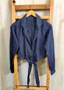 Stylish Blue Tie-Front Crop Shirt Size-32