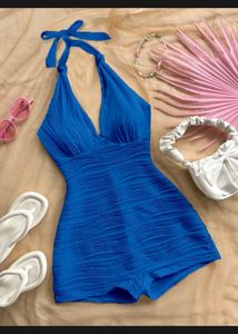 Blue Halter Neck Ruched Romper
