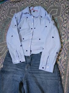 Cute Blue Striped Heart Print Shirt