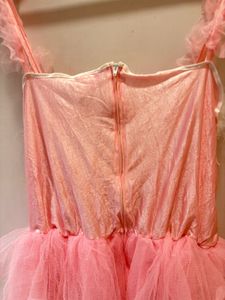 Elegant Pink Ruffled Tulle Fur Trim Dress