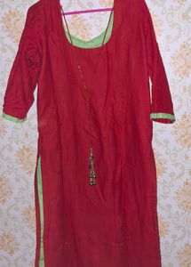 Red Kurta with Embellished Neckline