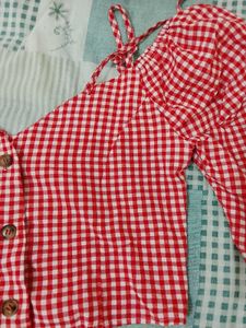 Red Gingham Crop Top with Tie Sleeves
