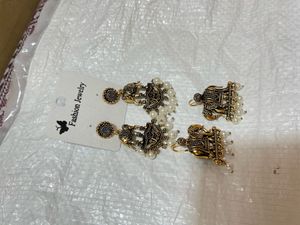 set of 2 Golden Oxidized Elephant Jhumka Earrings