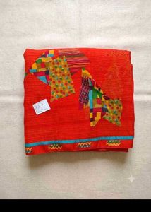 Vibrant Orange Printed Cotton Saree