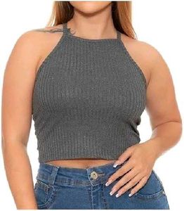 Gray Ribbed Halter Tank Top
