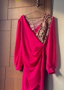 Stylish Pink Dress with Lace Neckline