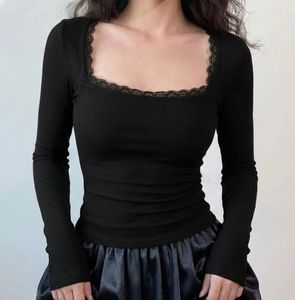 Premium Black Lace Trim Long Sleeve Top