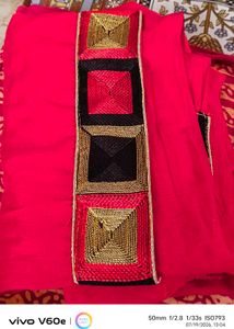 Vibrant Red Saree with Embellished Border