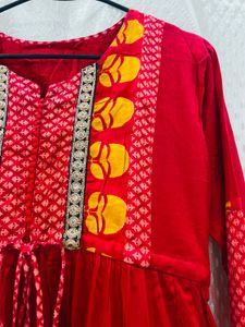 Beautiful Red &amp; Yellow Tiered Anarkali Gown