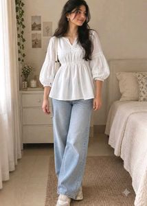 Chic White Peplum Top with Balloon Sleeves