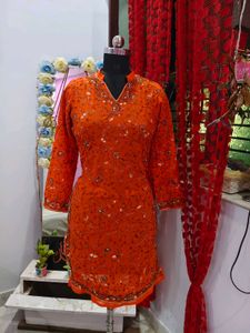 Orange Kurta with Intricate hand  Embroidery