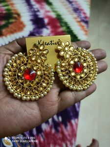 1+1 Traditional Ear Ring Combo In Golden &amp; Red Col