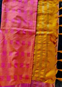 Pink &amp; Orange Checked Saree