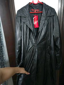 Black Faux Leather Long Coat fits M~L