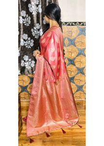 Elegant Pink Satin Silk Saree with blouse piece