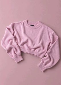 SOFT PINK CROPPED CREW NECK KNIT SWEATER