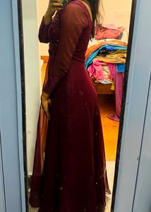 Beautiful 4 Meter Flared Georgette Wine Gown Steal