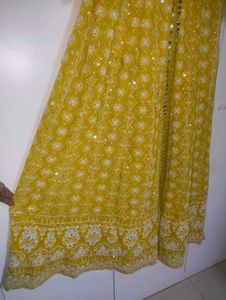 Women's Yellow Embroidered Anarkali Gown with Mirr