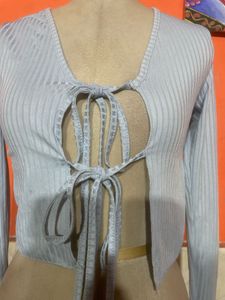 Light Blue Ribbed Tie-Front Top