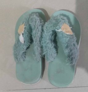 Fuzzy Teal Flip-Flops with Bear Detail