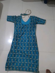 Customized V Neck  Sky Blue Net satin Kurti